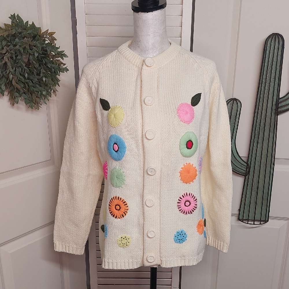 Vintage 1960s, Mod Garden, Kimlon Cardigan, Large - Picture 8 of 11